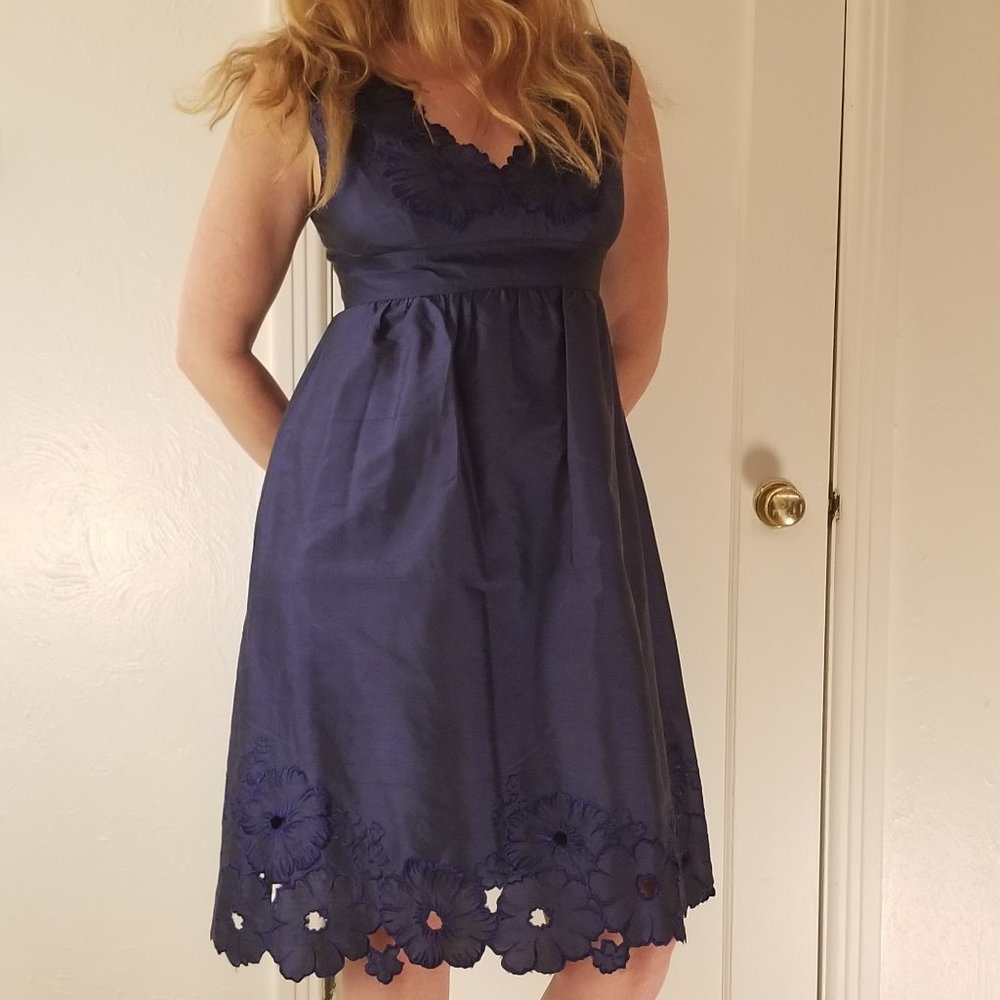 Adrianna Papell Blue Formal Dress with Floral Eyelet Embroidery